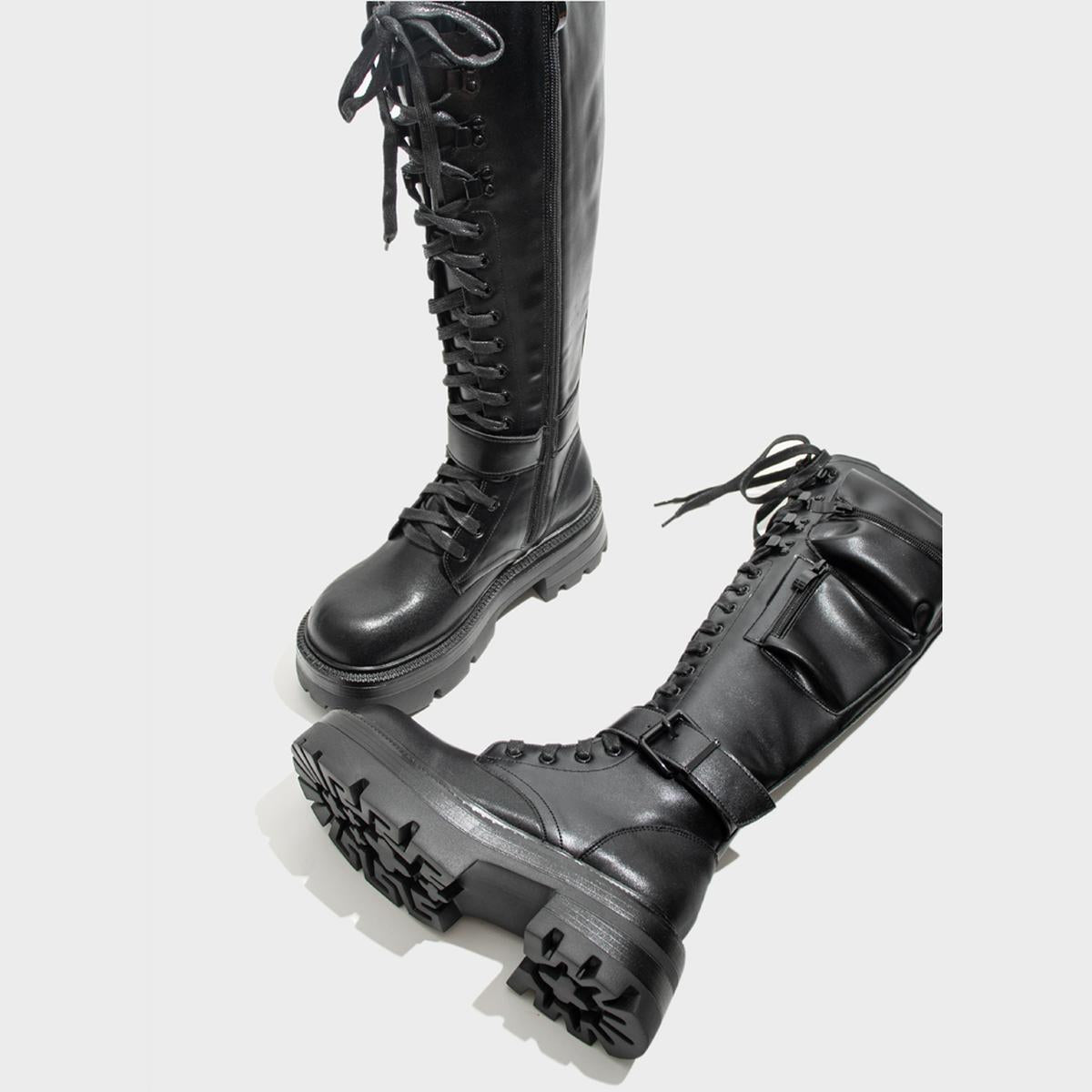 Black Spike Strap Lace-Up Knee-High Boots