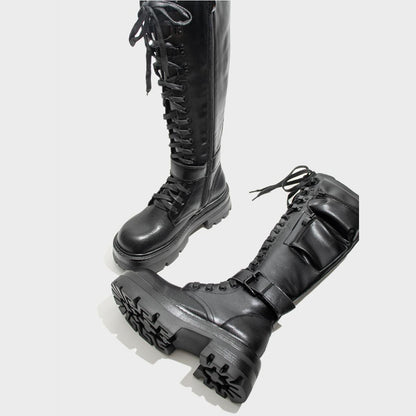 Black Spike Strap Lace-Up Knee-High Boots