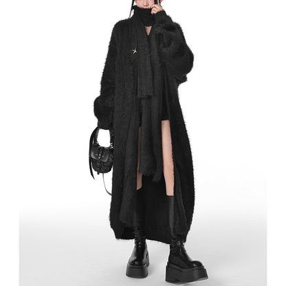 Textured Long Fuzzy Coat with Matching Scarf