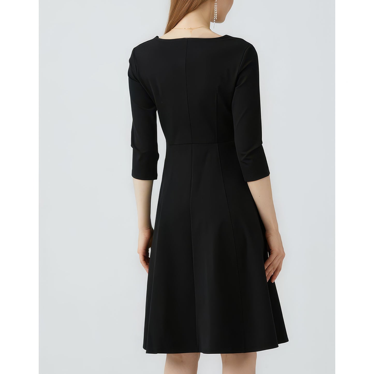 V-Neck Three-Quarter Sleeve Black Midi Dress