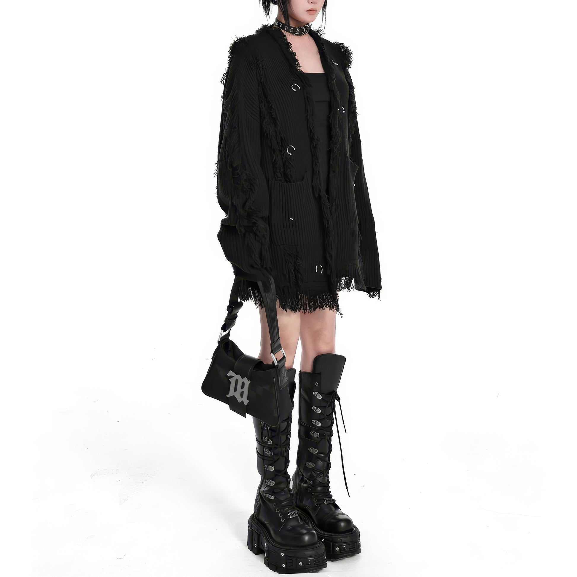 Frayed Edge Eyelet Knit Cardigan