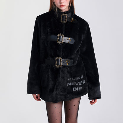 Faux Fur Buckle Strap Oversized Coat