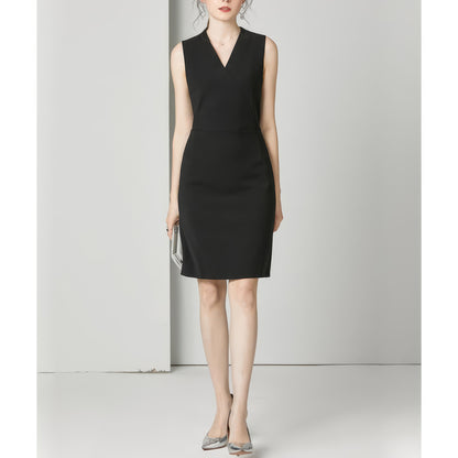 Sleeveless Wrap V-Neck Black Pencil Dress