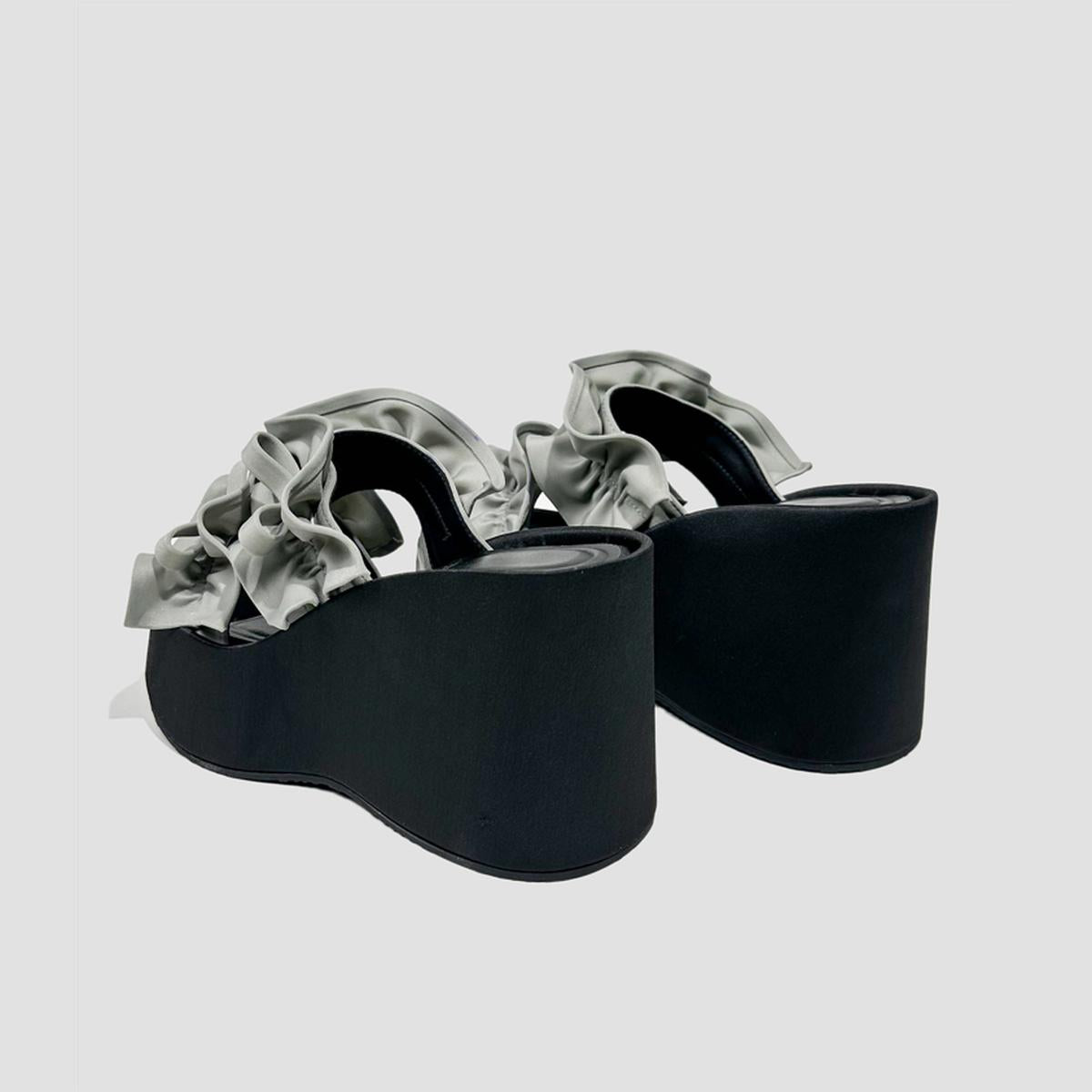 Satin Ruffle Bow Platform Slides