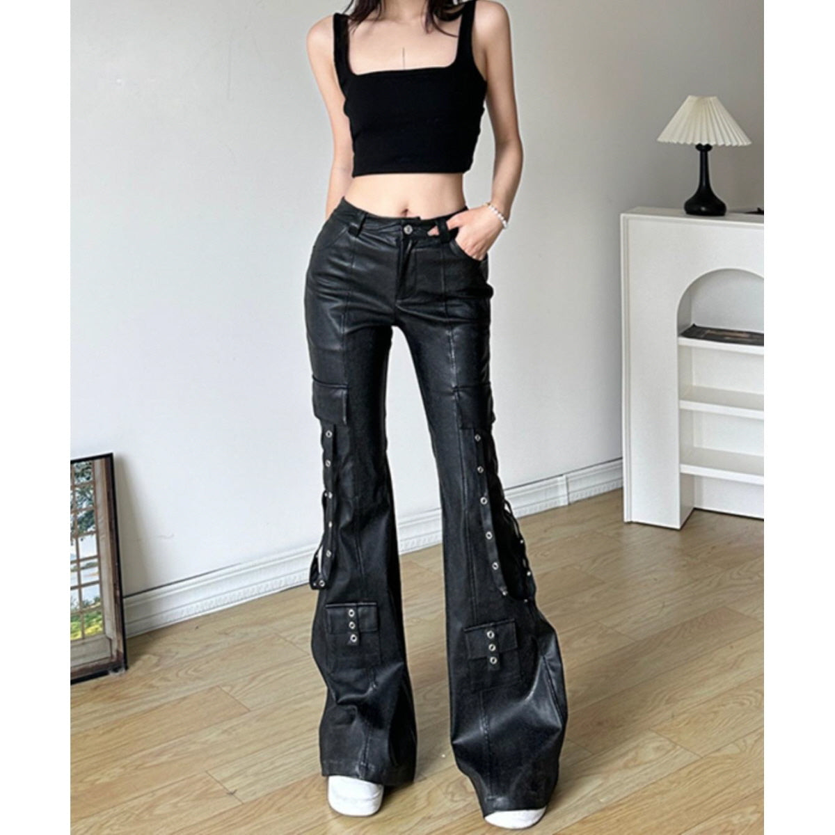 Eyelet Strap Faux Leather Pants