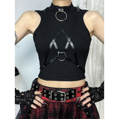 Black Plaid Buckle Crop Top