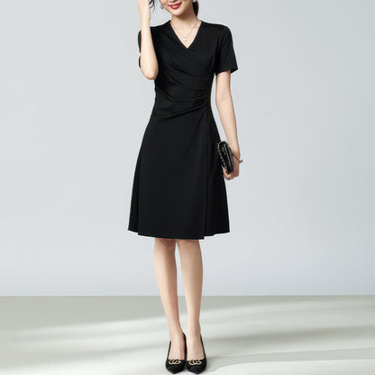 Ruched Waist V-Neck Black Dress