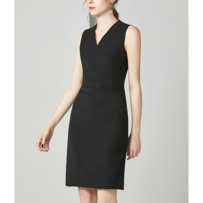 Sleeveless Wrap V-Neck Black Pencil Dress