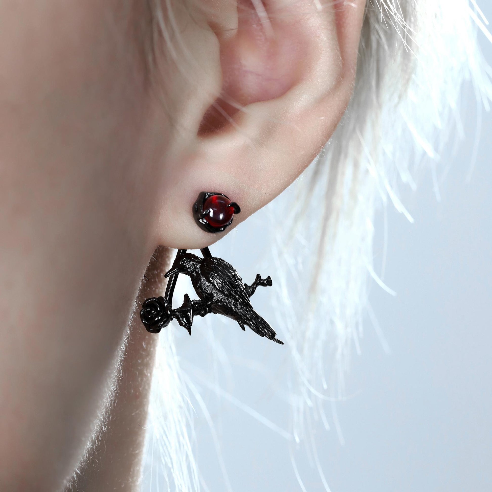 Red Gem Raven Rose Earrings