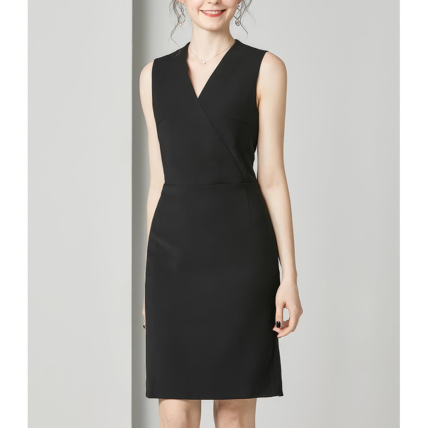 Sleeveless Wrap V-Neck Black Pencil Dress