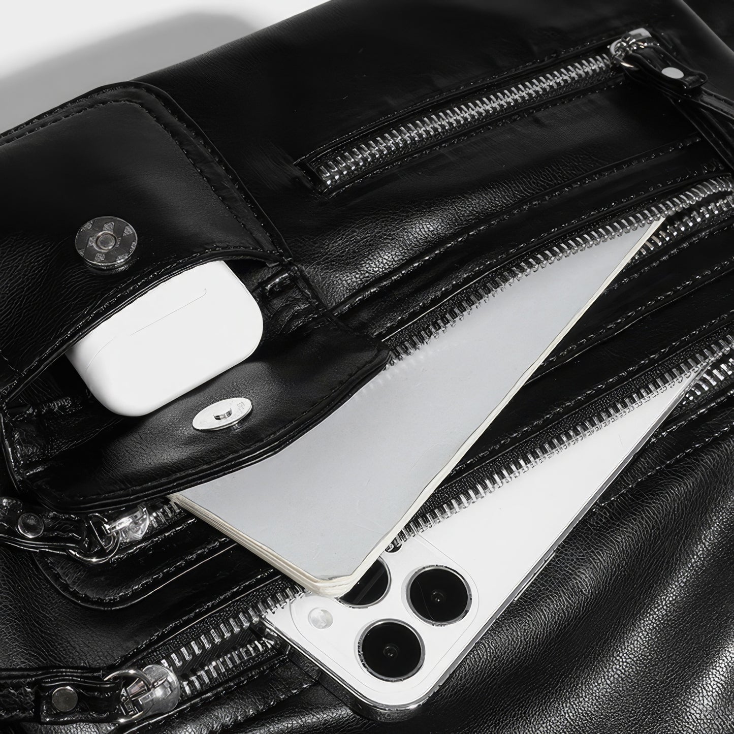 Multi-Zip Faux Leather Double Strap Shoulder Bag