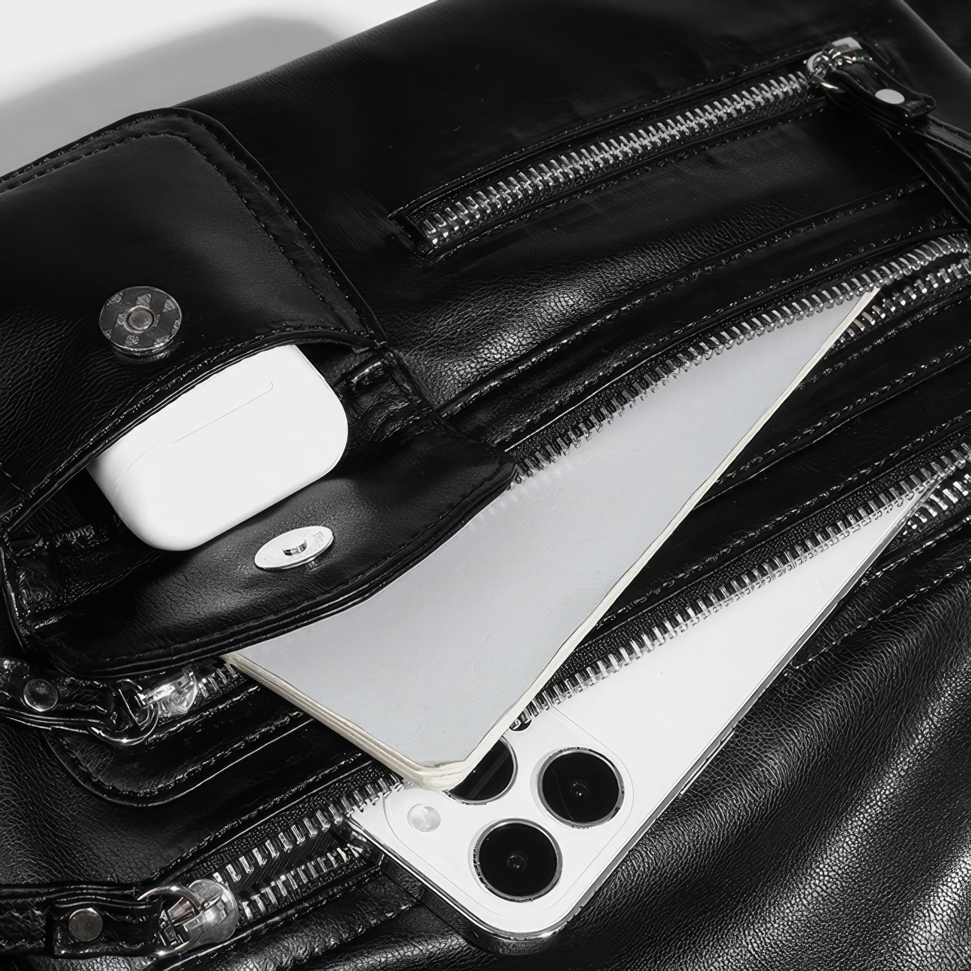 Multi-Zip Faux Leather Double Strap Shoulder Bag