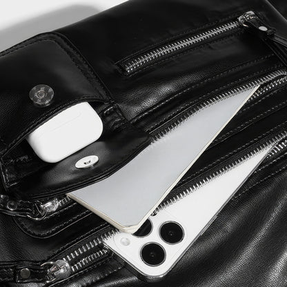 Multi-Zip Faux Leather Double Strap Shoulder Bag