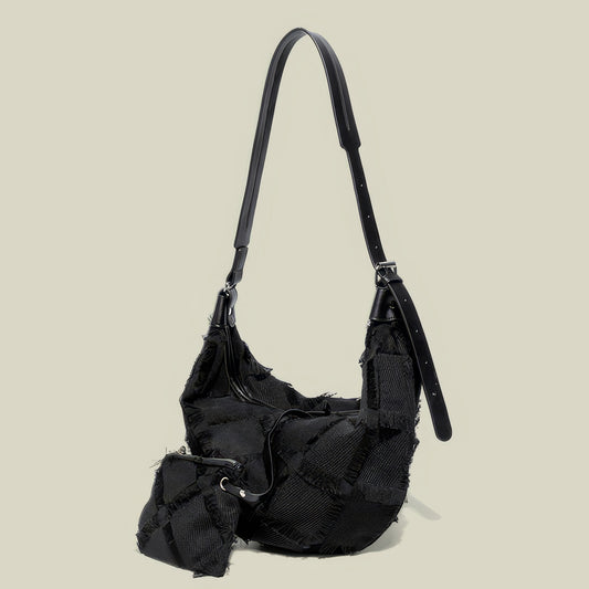 Frayed Patchwork Hobo Bag with Mini Pouch