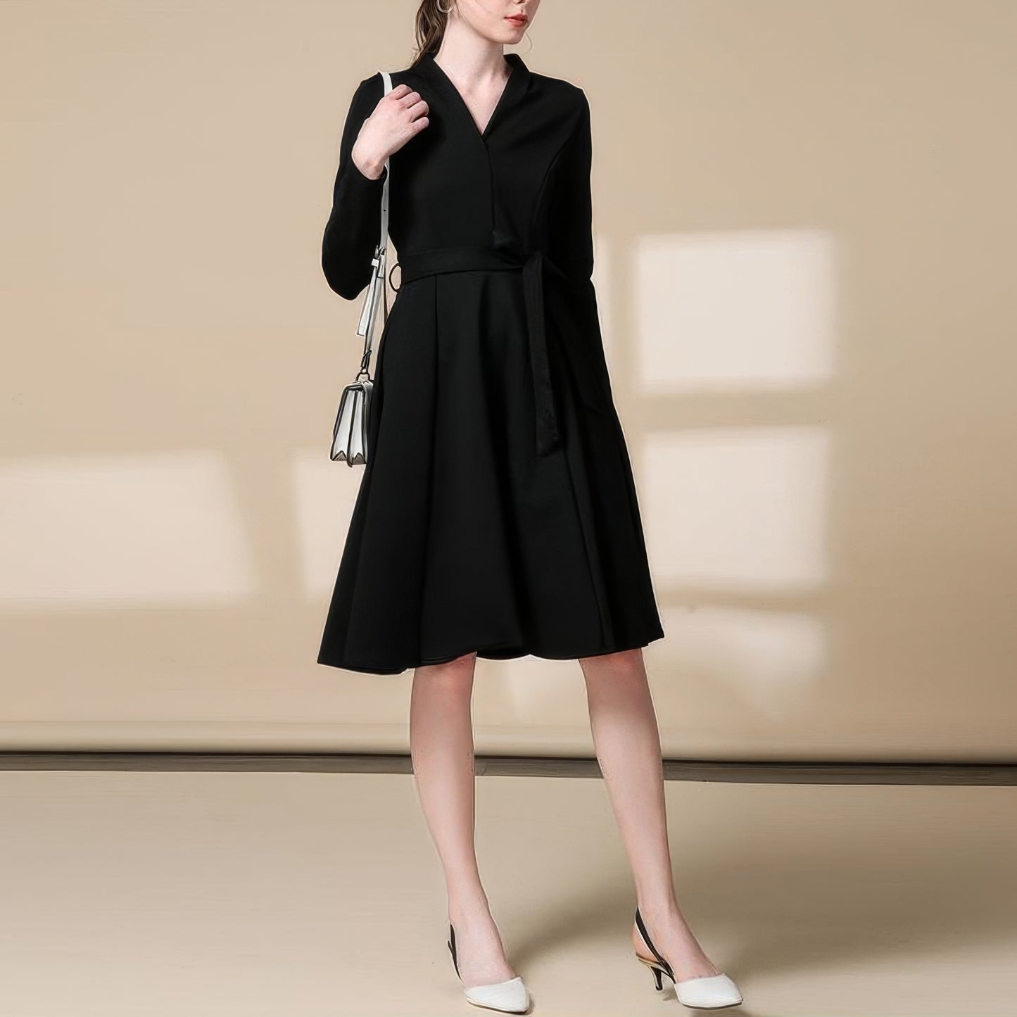 Pleated Waist Wrap Black Midi Dress