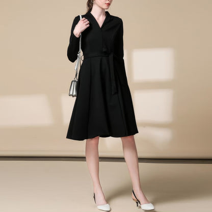 Pleated Waist Wrap Black Midi Dress
