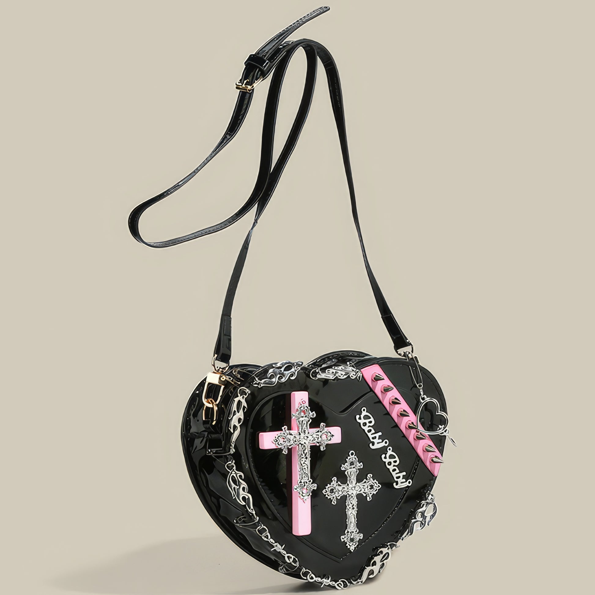 Studded Cross Patch Heart Patent Shoulder Bag