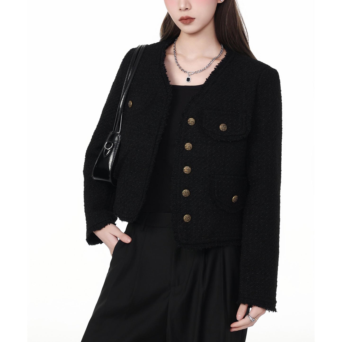 Textured Button-Up Tweed Cropped Jacket