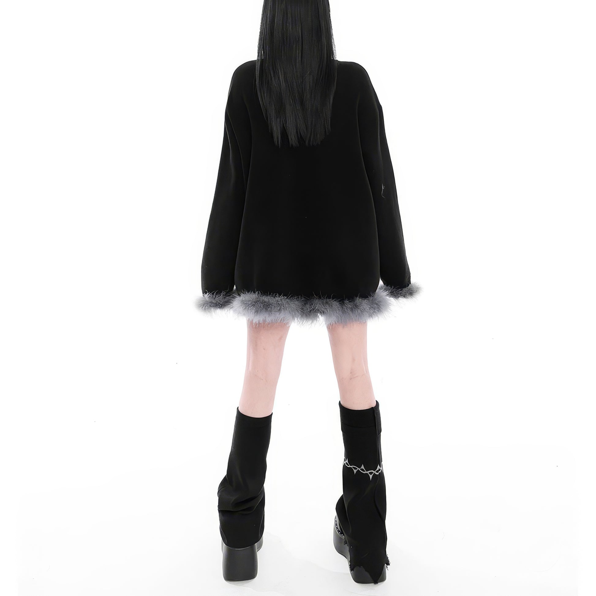 Feather Trim Cross Graphic Knit Dress