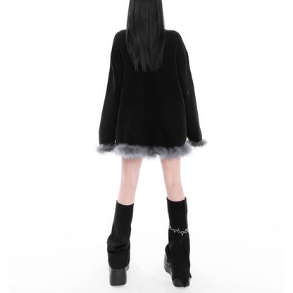 Feather Trim Cross Graphic Knit Dress