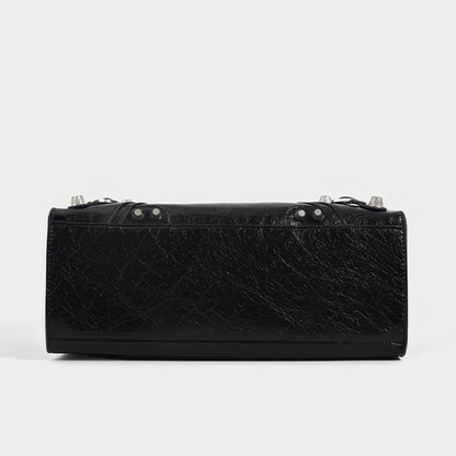 Studded Textured Leather Buckle Handbag