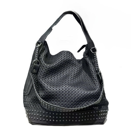 Textured Perforated Stud Shoulder Bag