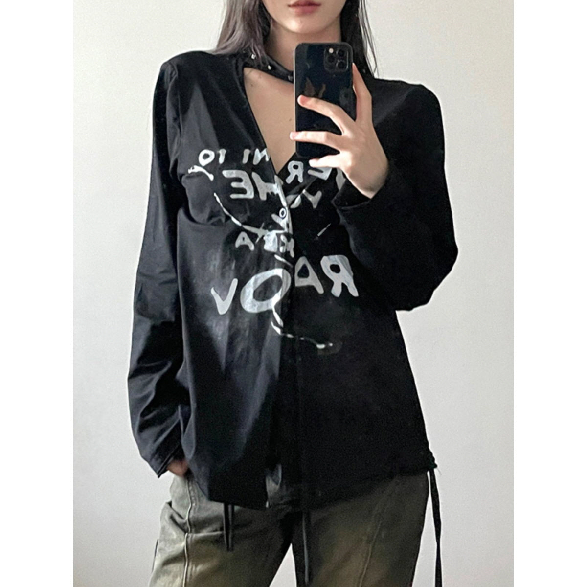 Graphic Cutout Button-Up Shirt