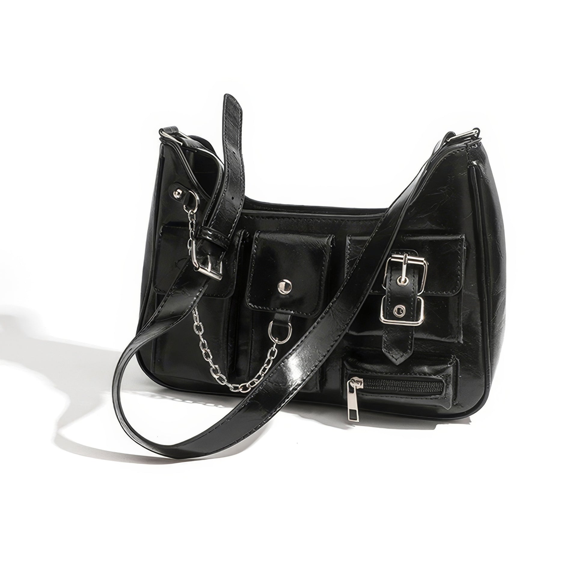 Multi Pocket Chain Accent Black Shoulder Bag