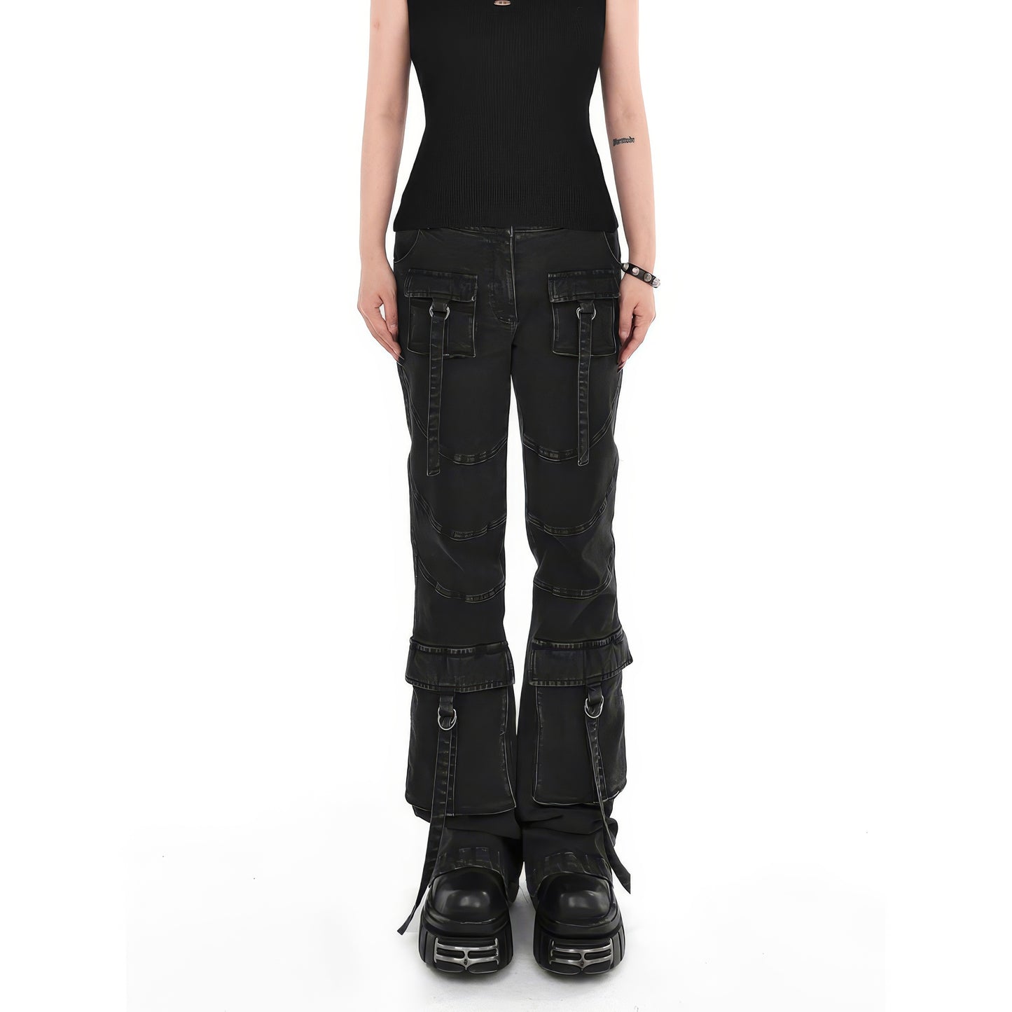 Washed Strap Cargo Flare Jeans