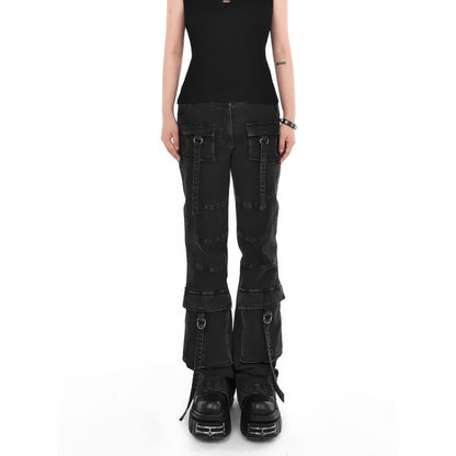 Washed Strap Cargo Flare Jeans