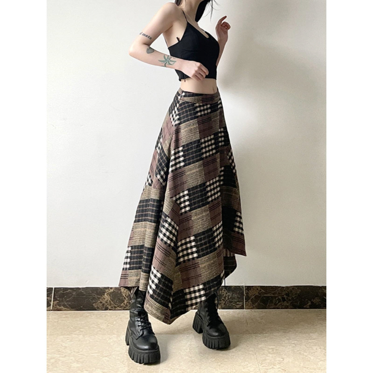 Asymmetrical Plaid Maxi Skirt