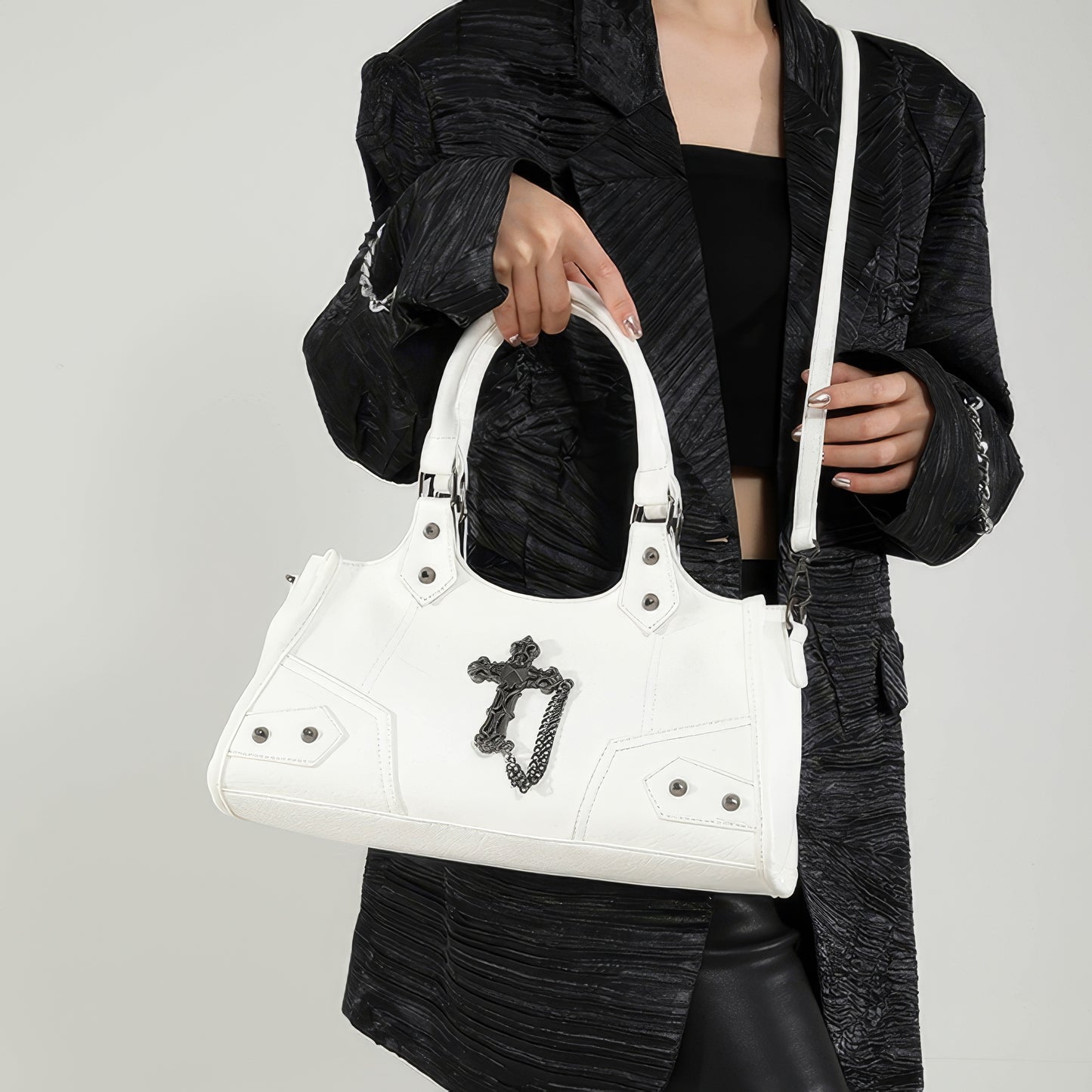 Black Cross Chain Faux Leather Handbag