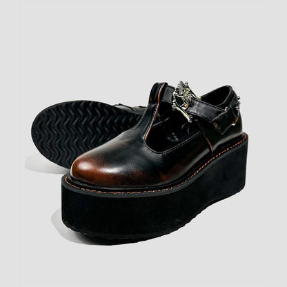 Black Metal Buckle T-Strap Platform Shoes