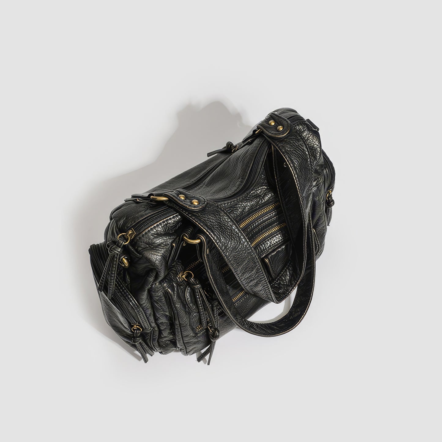 Multi-Zip Textured Faux Leather Shoulder Bag