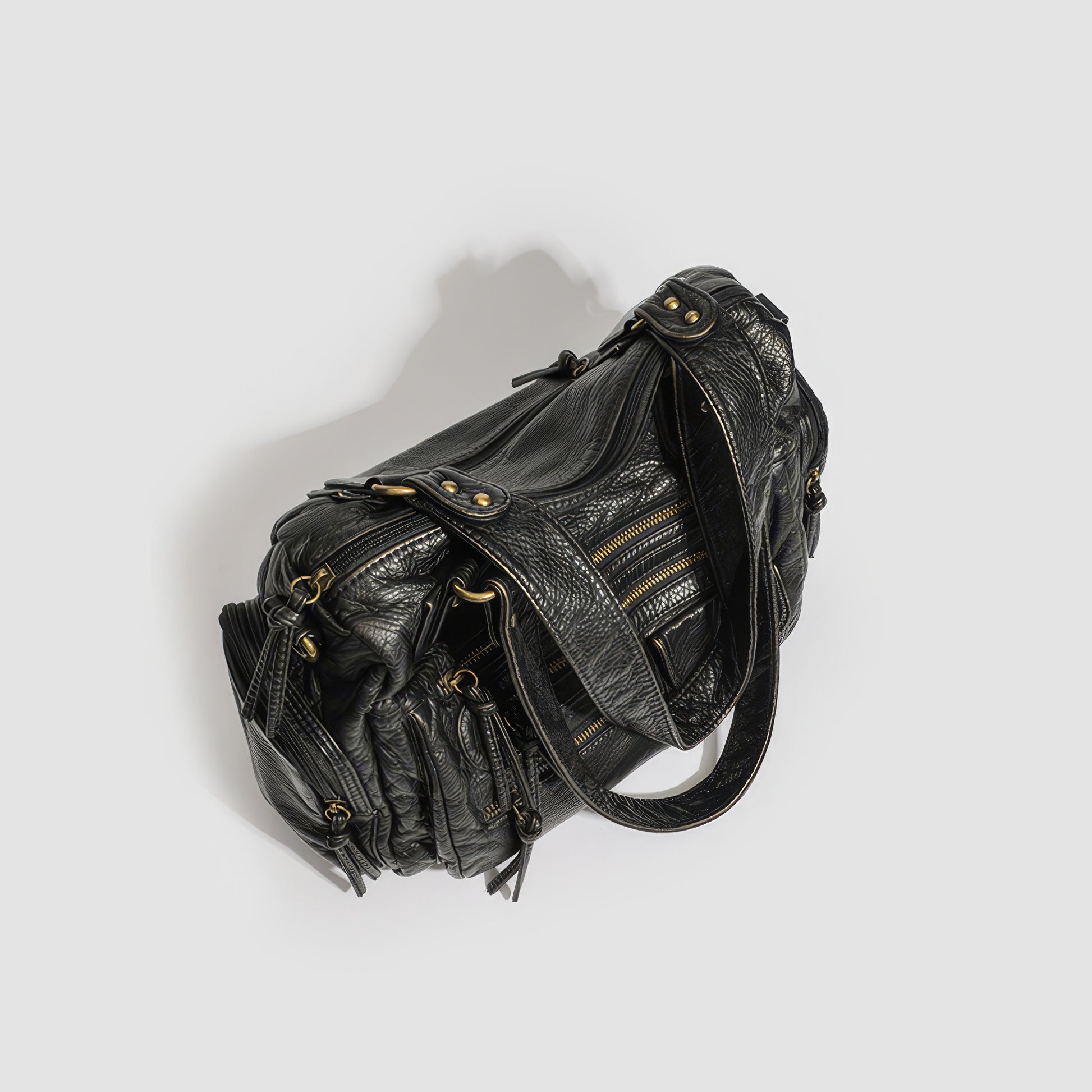 Multi-Zip Textured Faux Leather Shoulder Bag