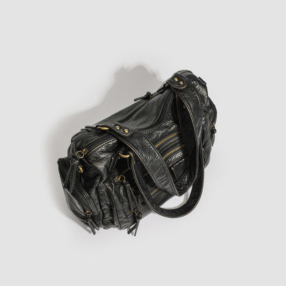 Multi-Zip Textured Faux Leather Shoulder Bag