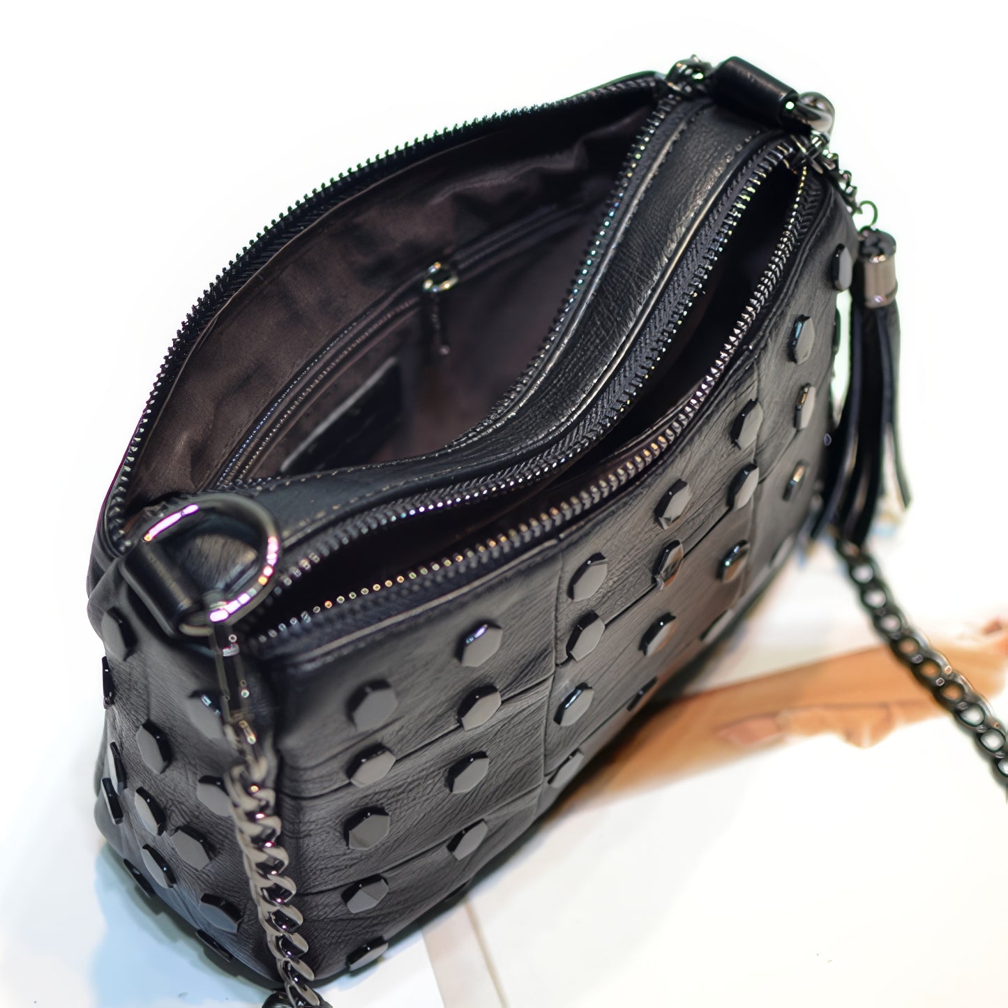 Hex Stud Tassel Chain Crossbody Bag
