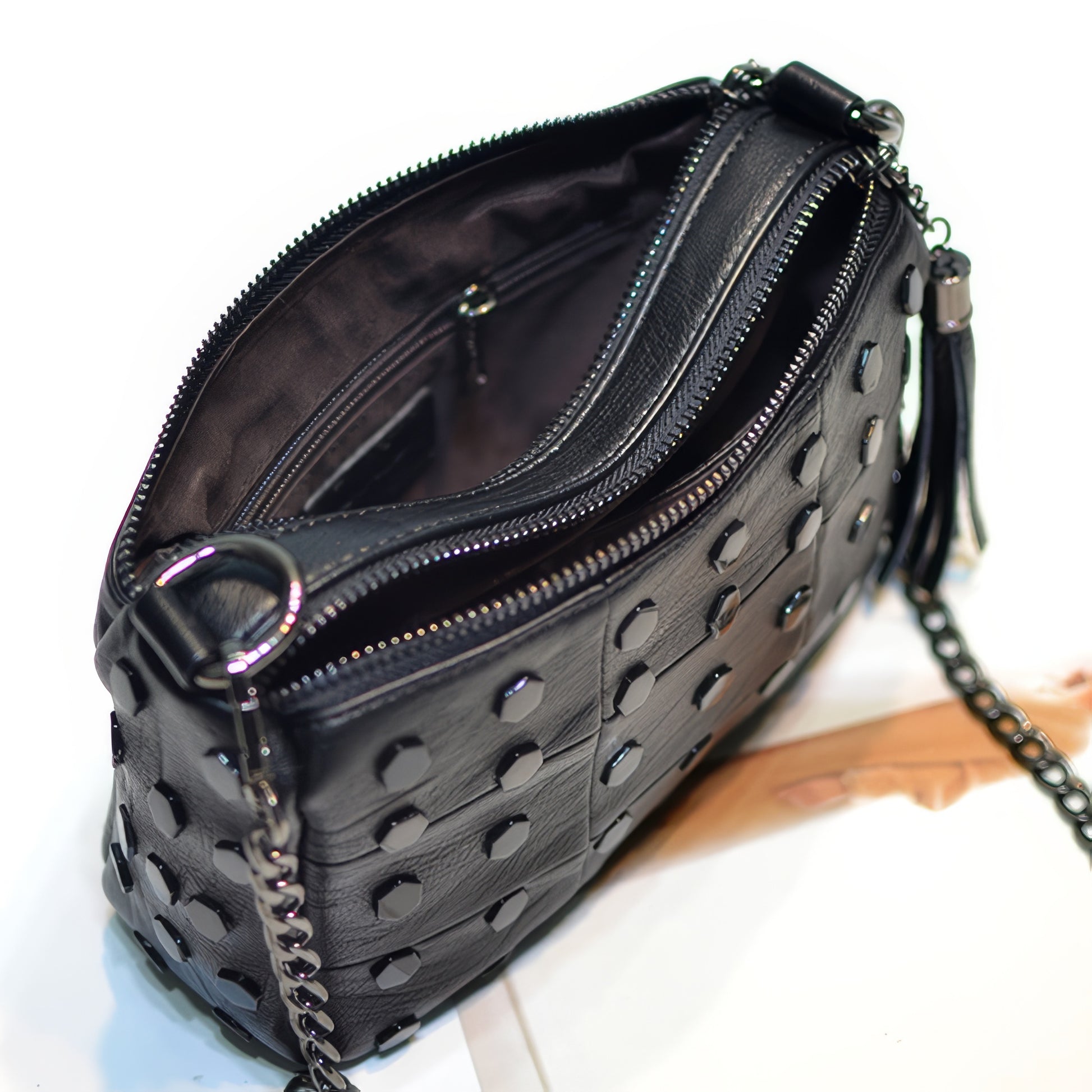 Hex Stud Tassel Chain Crossbody Bag
