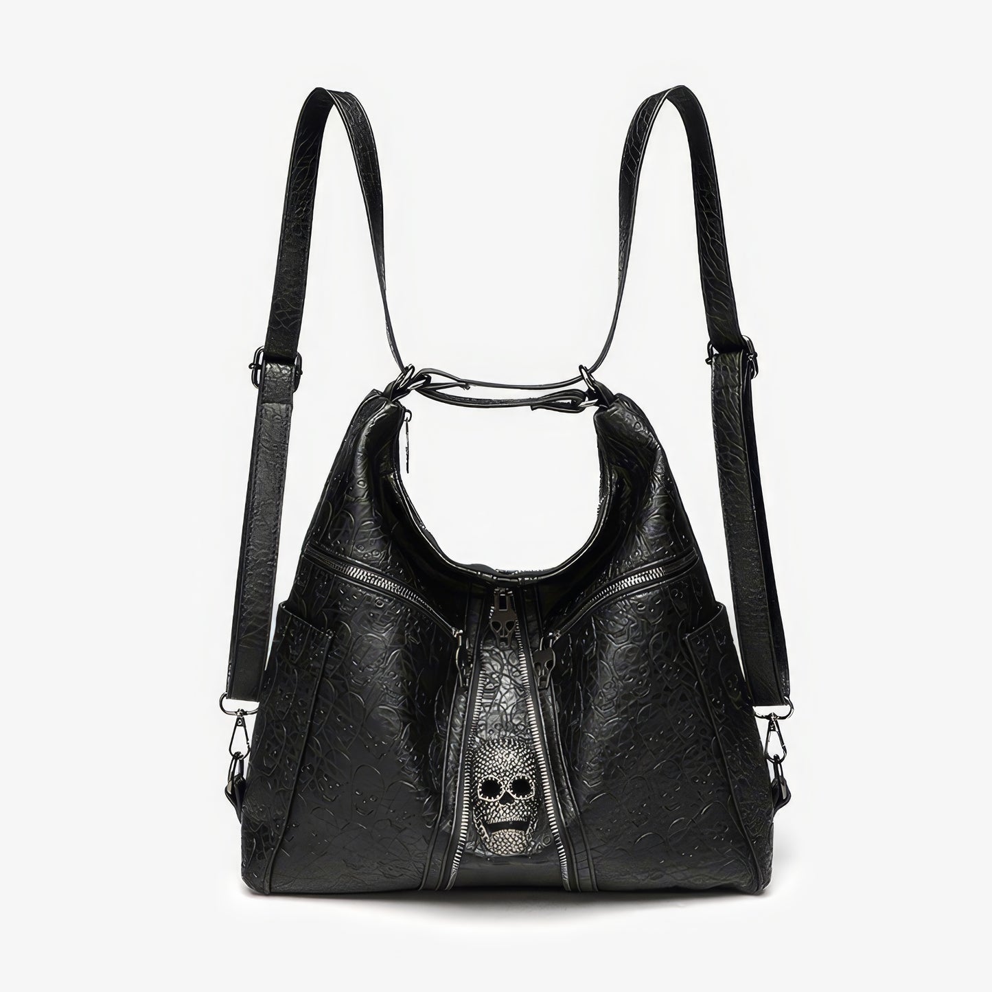 Skull Embossed Zip Detail Hobo Bag