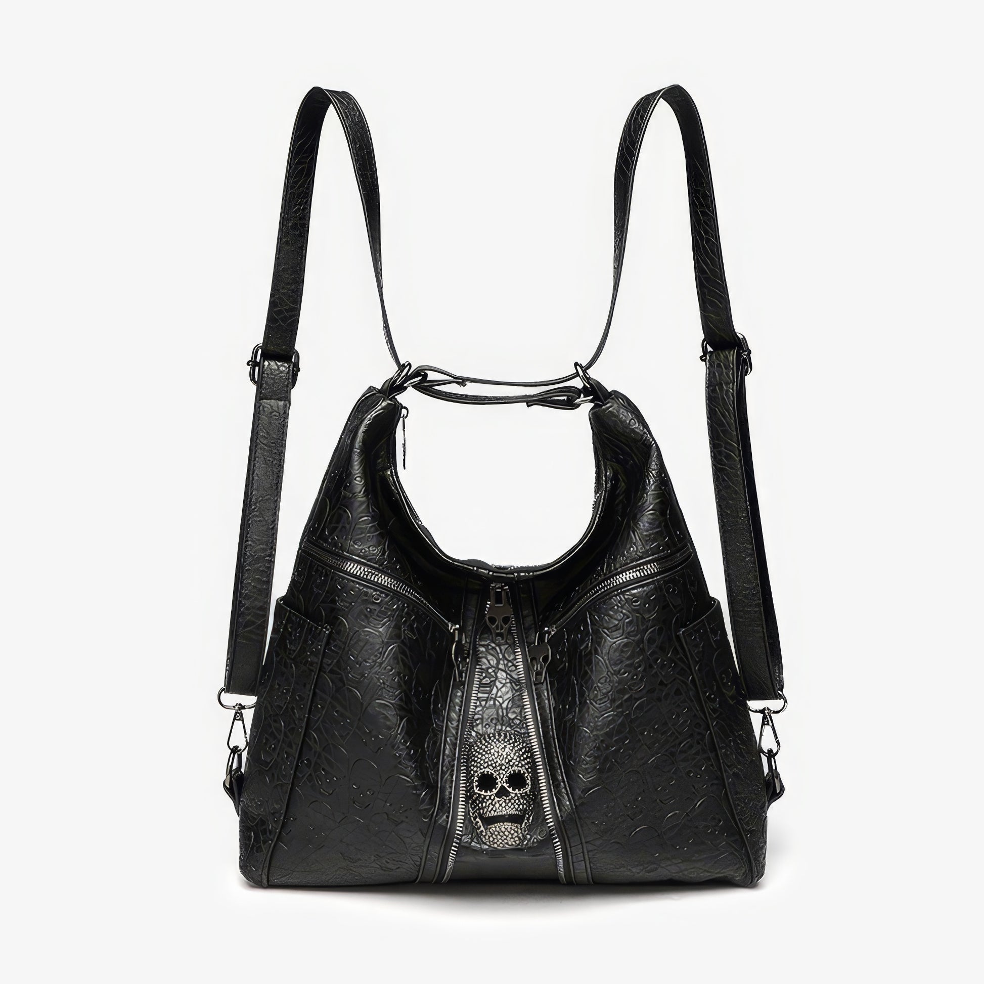 Skull Embossed Zip Detail Hobo Bag