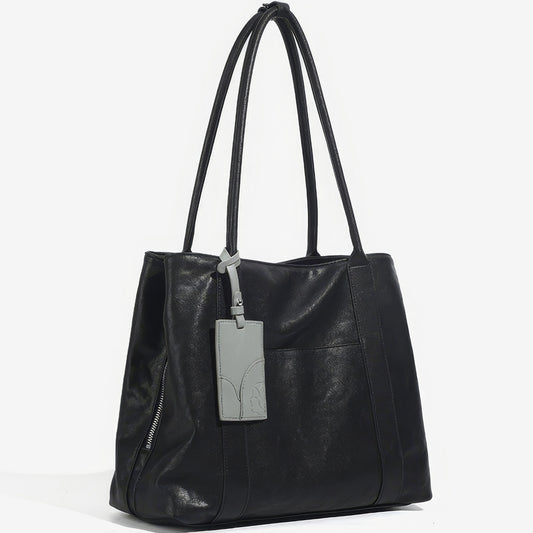 Soft Black Leather Shoulder Tote Bag