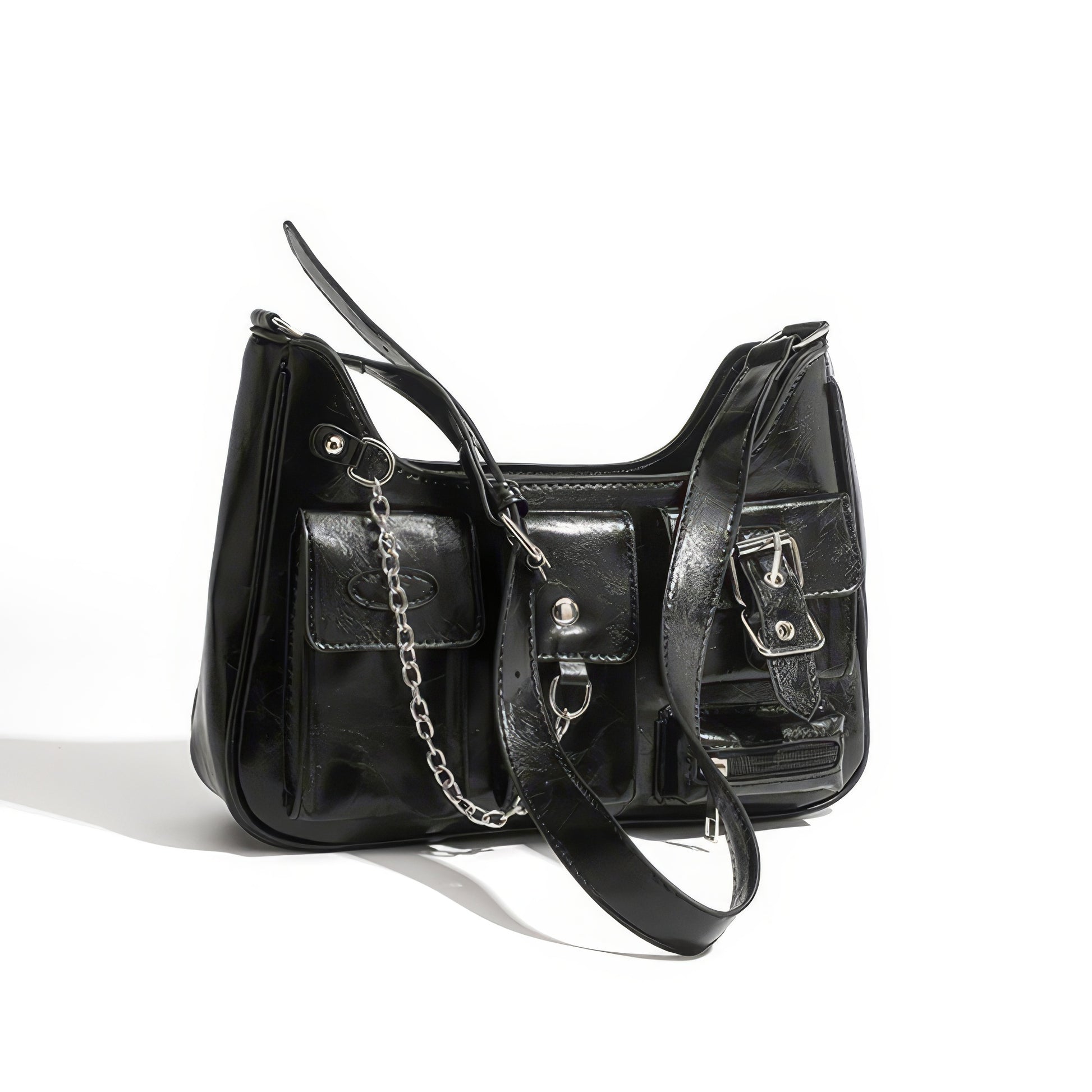 Multi Pocket Chain Accent Black Shoulder Bag