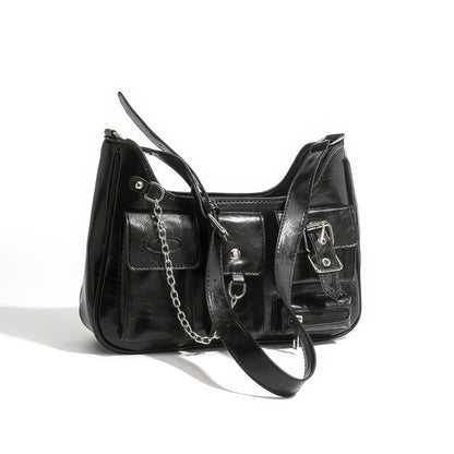 Multi Pocket Chain Accent Black Shoulder Bag
