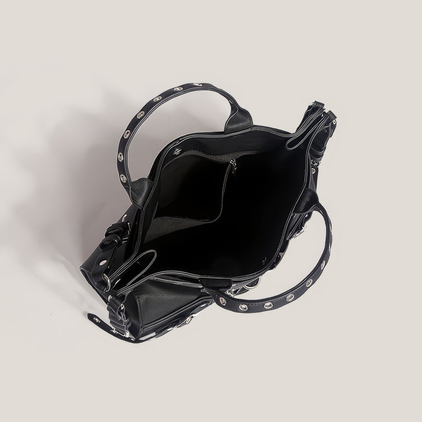 Buckle Strap Grommet Detail Black Tote Bag