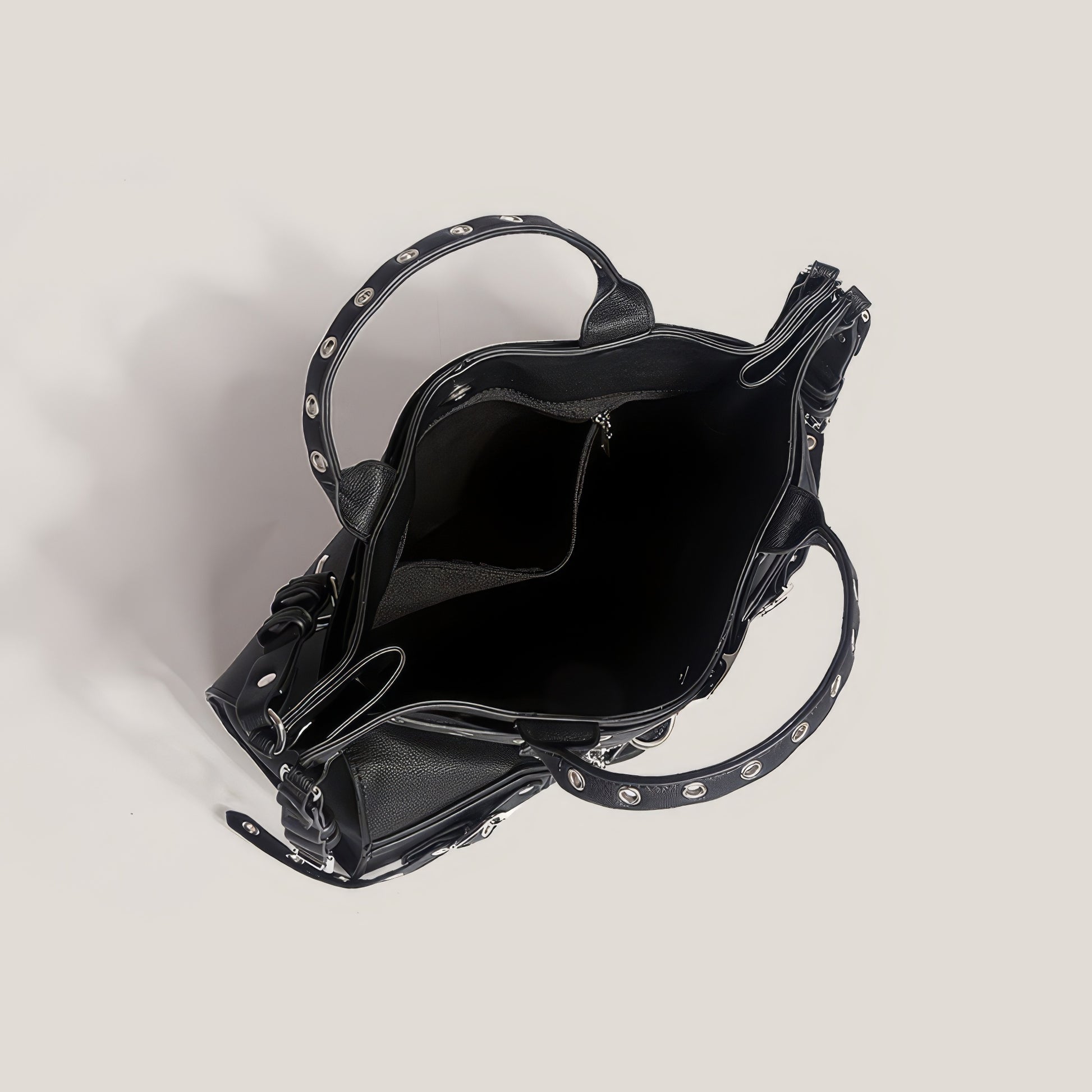 Buckle Strap Grommet Detail Black Tote Bag