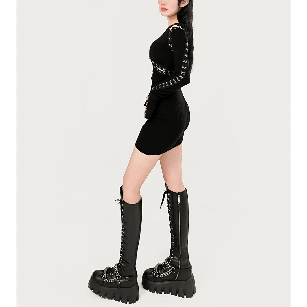 Hook Detail Cut-Out Ribbed Mini Dress
