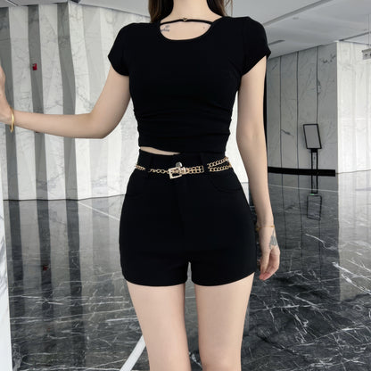 Gold Chain Detail Black Shorts