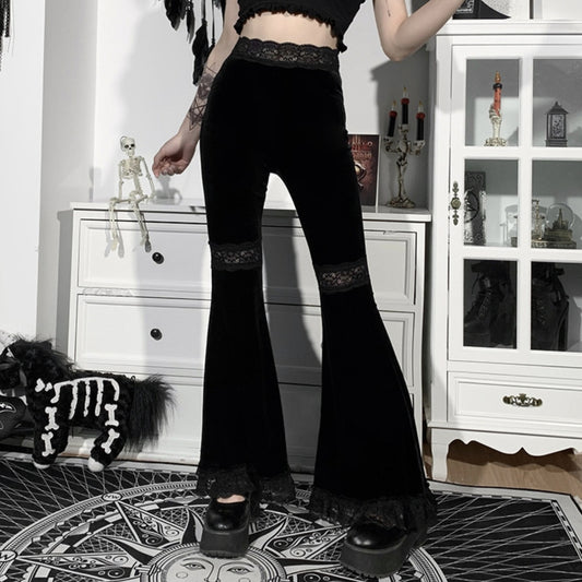 Black Lace Trim Flare Pants