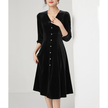 Velvet Button Detail Midi Dress