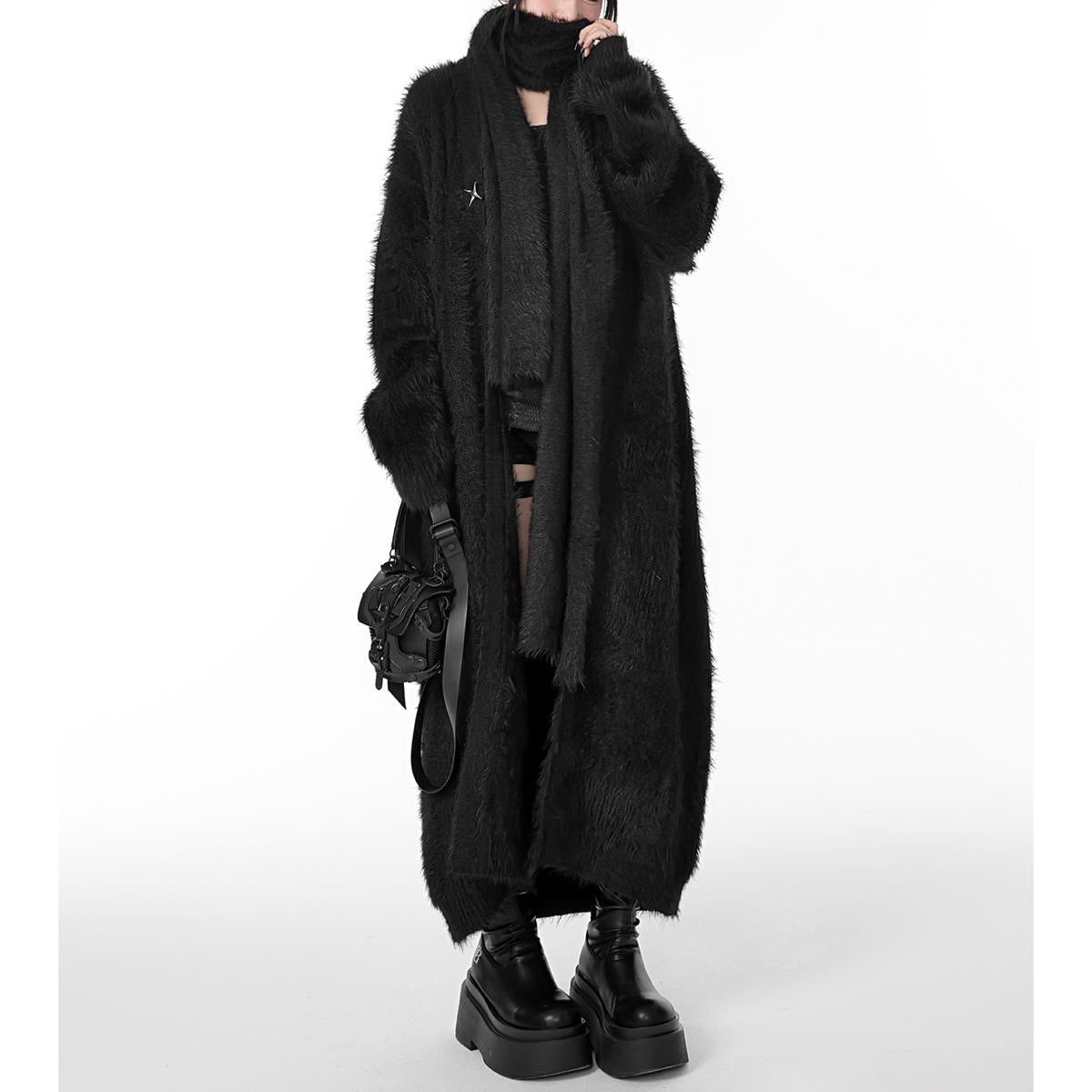 Textured Long Fuzzy Coat with Matching Scarf